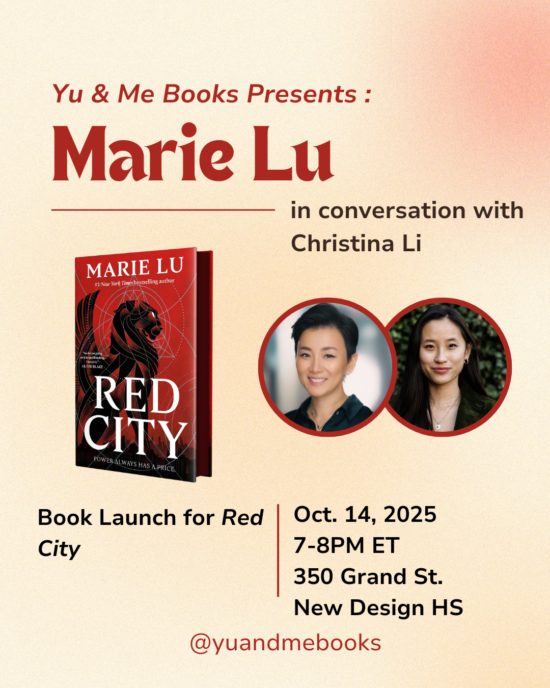 Event flyer: Book Launch | Red City by Marie Lu at Yu & Me Books. Marie Lu in conversation with Christina Li. Features cover, portraits, and event info (Oct. 14, 2025, 7–8PM ET), with location details included.