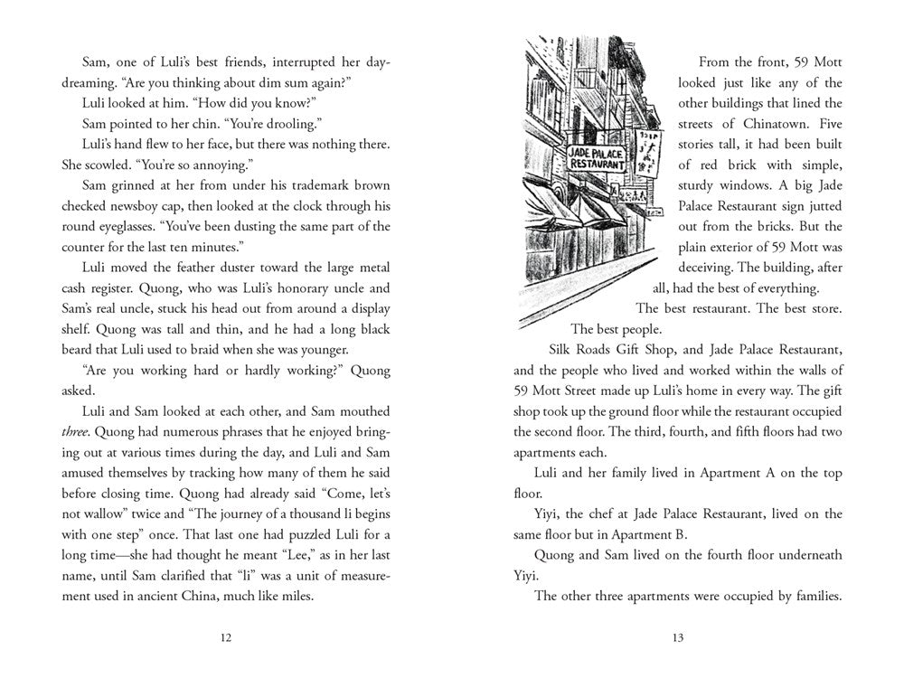 Open to pages 12–13 of Nine Moons of Han Yu and Luli by Karina Yan Glaser (Yu & Me Books, w/ Gift Set!): page 13 shows a black-and-white sketch of city buildings with Silk Roads Gift Shop and Jade Palace Restaurant signs.