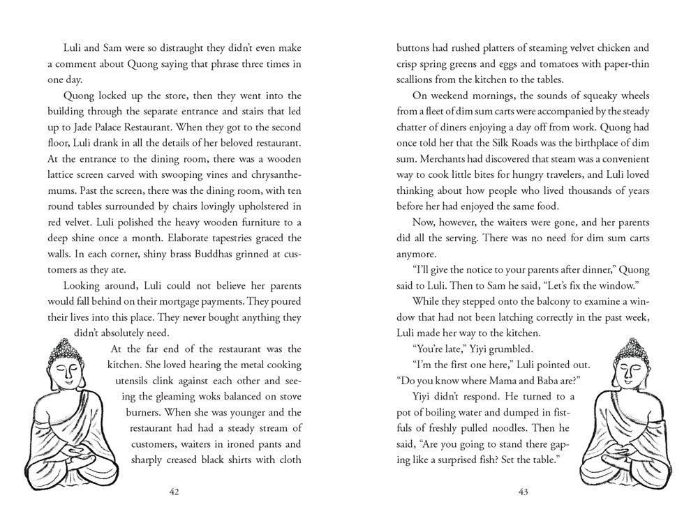 Pages 42–43 of Nine Moons of Han Yu and Luli by Karina Yan Glaser (Yu & Me Books) feature black serif text on white, describing family, food, and a restaurant scene with Luli and Sam. No images or illustrations. Gift set included.