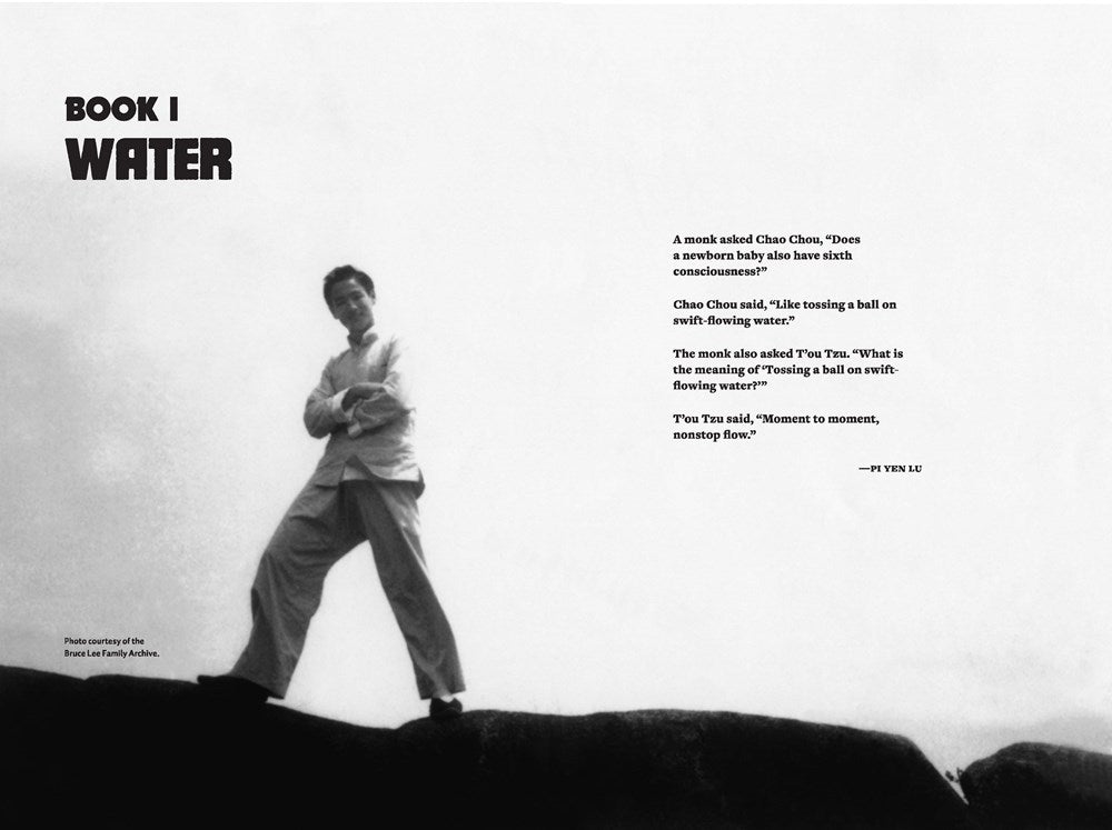 Black-and-white image of Bruce Lee on rocks in a martial arts pose. To the right: quotes on water and movement, and the bold title Water Mirror Echo by Jeff Chang (Signed & Personalized!) from Yu & Me Books—an iconic Asian American moment.