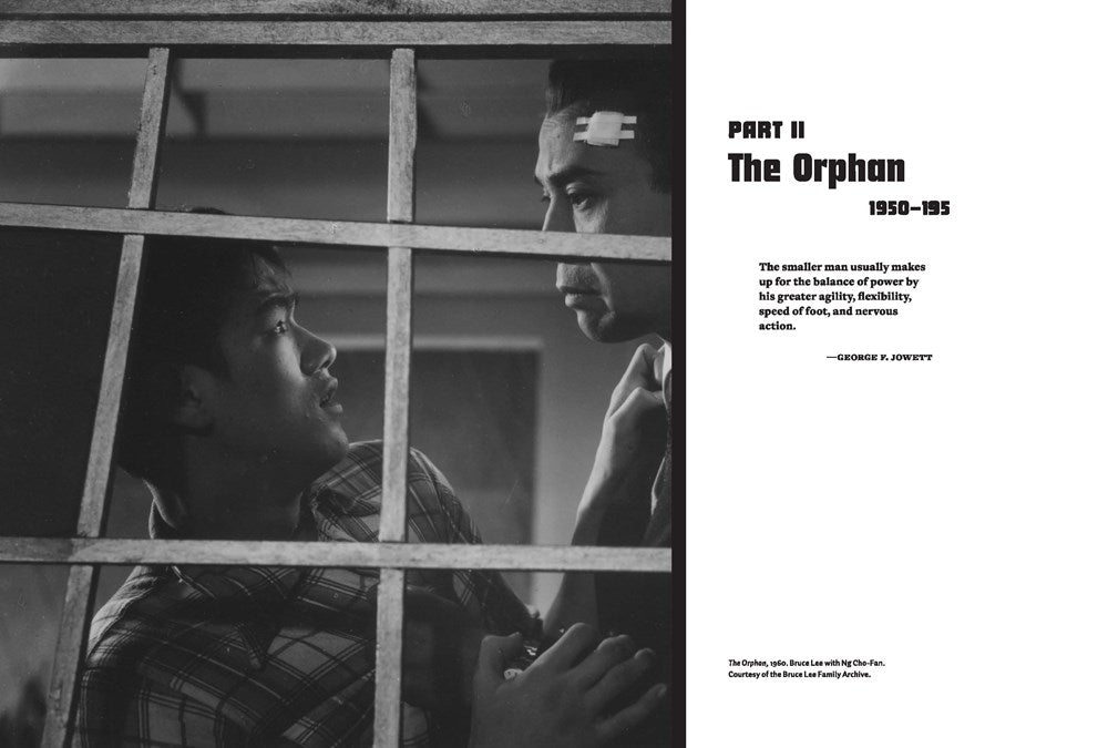 Two men in black-and-white, one gripping the other by the shirt through metal bars. The text reads, Part II: The Orphan 1950–1955, recalling Bruce Lee’s story—find it in Water Mirror Echo by Jeff Chang (Signed & Personalized!) at Yu & Me Books.
