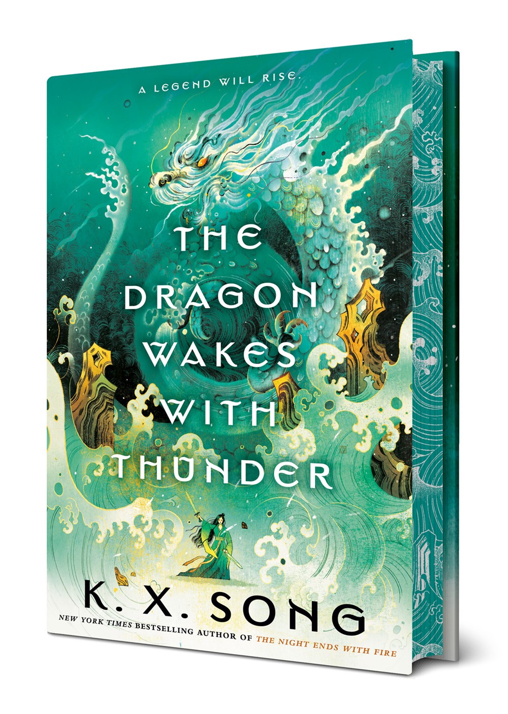 The signed and personalized Dragon Wakes with Thunder by KX Song from Yu & Me Books features a cover with a majestic dragon swirling in waves above a small figure, using rich greens and gold for a mystical, epic feel.