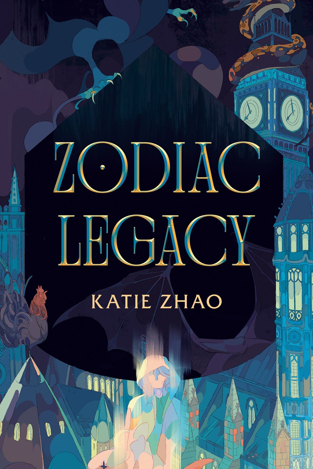 Signed & personalized Zodiac Legacy by Katie Zhao from Yu & Me Books, with a blue and gold cover featuring gothic buildings, a clock tower, shadowy figures, and bat imagery—ideal for fans of the Chinese zodiac and dark academia.