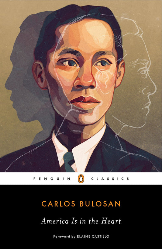 Book cover of America is in the Heart [NYU, Asian/America since 1804], available from Yu & Me Books, features an illustrated man in a suit with overlapping side profiles on a beige background.