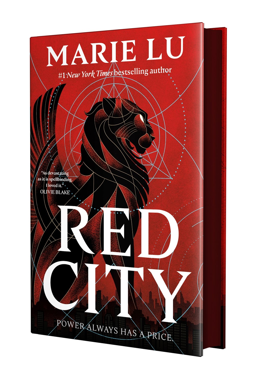 A 3D render of Red City by Marie Lu (Signed & Personalized!) from Yu & Me Books, a contemporary fantasy with a red cover featuring a black lion statue, white geometric patterns, bold white title text, and the tagline: Power always has a price.