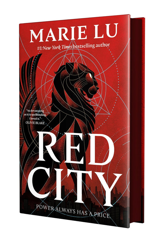 A 3D render of Red City by Marie Lu (Signed & Personalized!) from Yu & Me Books, a contemporary fantasy with a red cover featuring a black lion statue, white geometric patterns, bold white title text, and the tagline: Power always has a price.